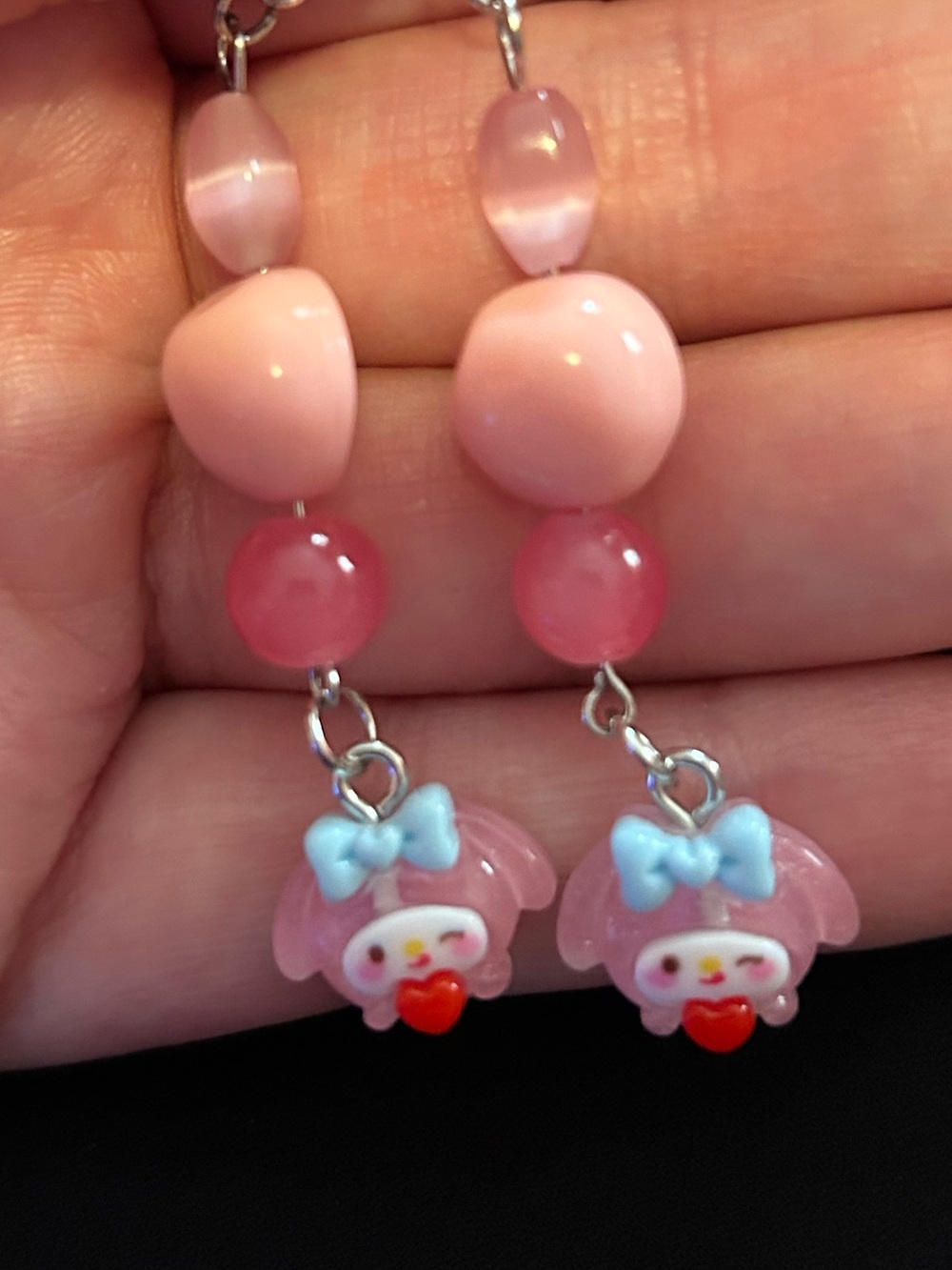 Pink My Melody Character Drop Earrings with Blue Bows